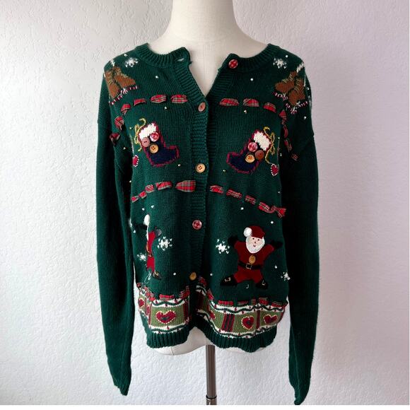 American Vintage Sweaters - Vintage 90s Christmas Button Up Cardigan Sweater Santa Hearts Green Medium